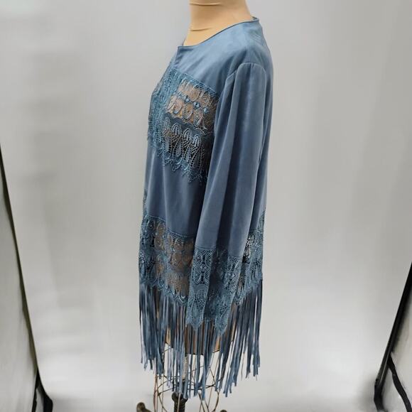 Chicos 0 Womens Open Lace And Fringe Steel Blue Faux Suede Cardigan Sz 2 NWOT - Picture 10 of 16